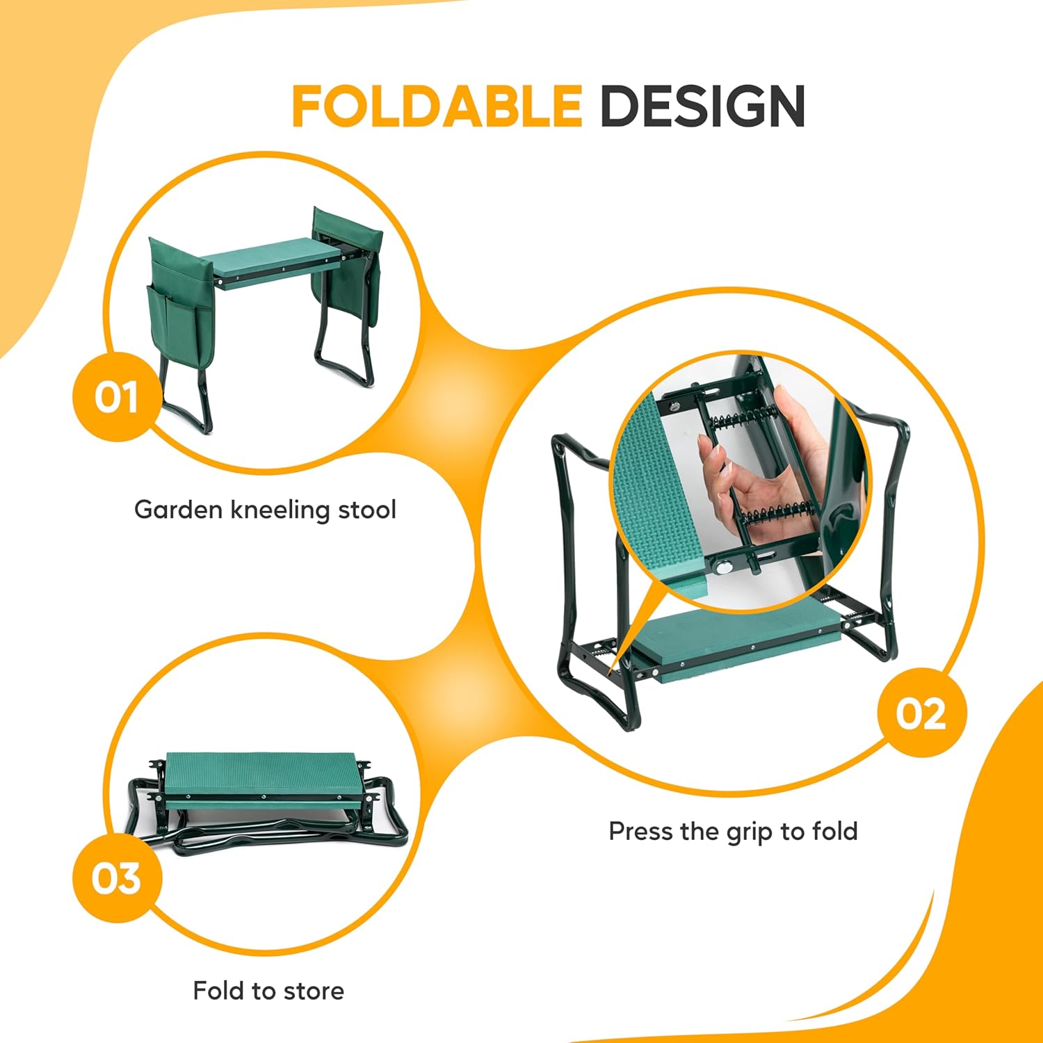 Simple Deluxe Garden Kneeler and Seat, Foldable Kneeling Stool with Thicker EVA Foam Pad Heavy Duty Bench, with Tool Pouch, Gifts for Outdoor Gardening, Fishing, Green, Arbor Day Gift