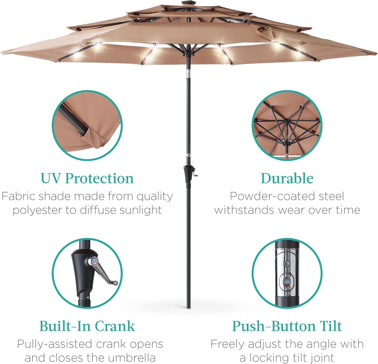 Best Choice Products 10ft 3-Tier Patio Umbrella, Outdoor Market Sun Shade for Backyard, Deck, Poolside w/ 24 LED Lights, Tilt Adjustment, Easy Crank, 8 Ribs