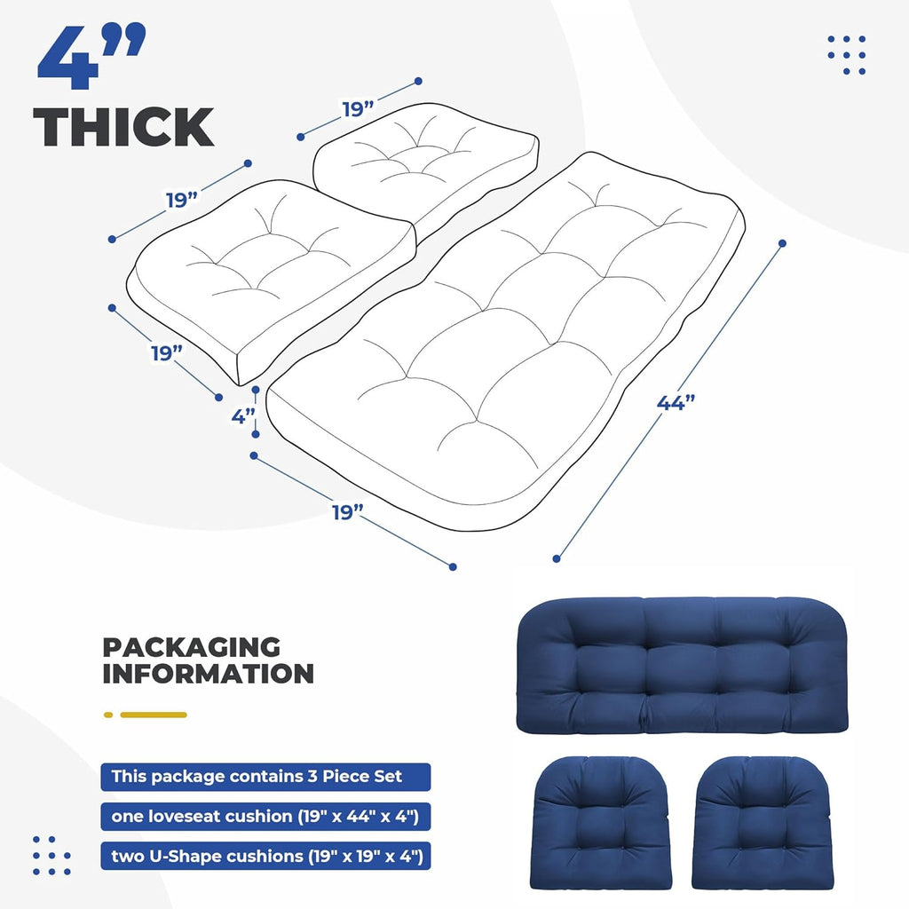 Wicker Chair Cushions, Waterproof Outdoor Loveseat Cushions for Patio Furniture, 3 Pieces Wicker Furniture Cushions, 1 Loveseat and 2 U-Shaped Cushions, Blue