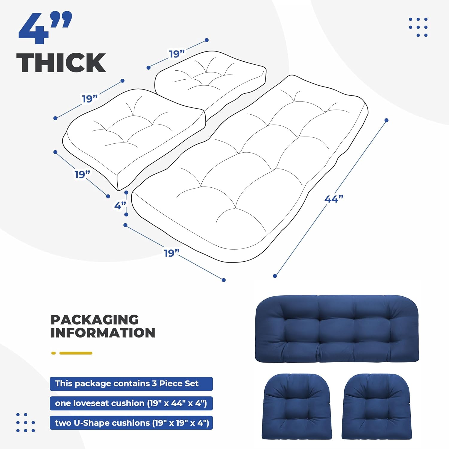 Wicker Chair Cushions, Waterproof Outdoor Loveseat Cushions for Patio Furniture, 3 Pieces Wicker Furniture Cushions, 1 Loveseat and 2 U-Shaped Cushions, Blue