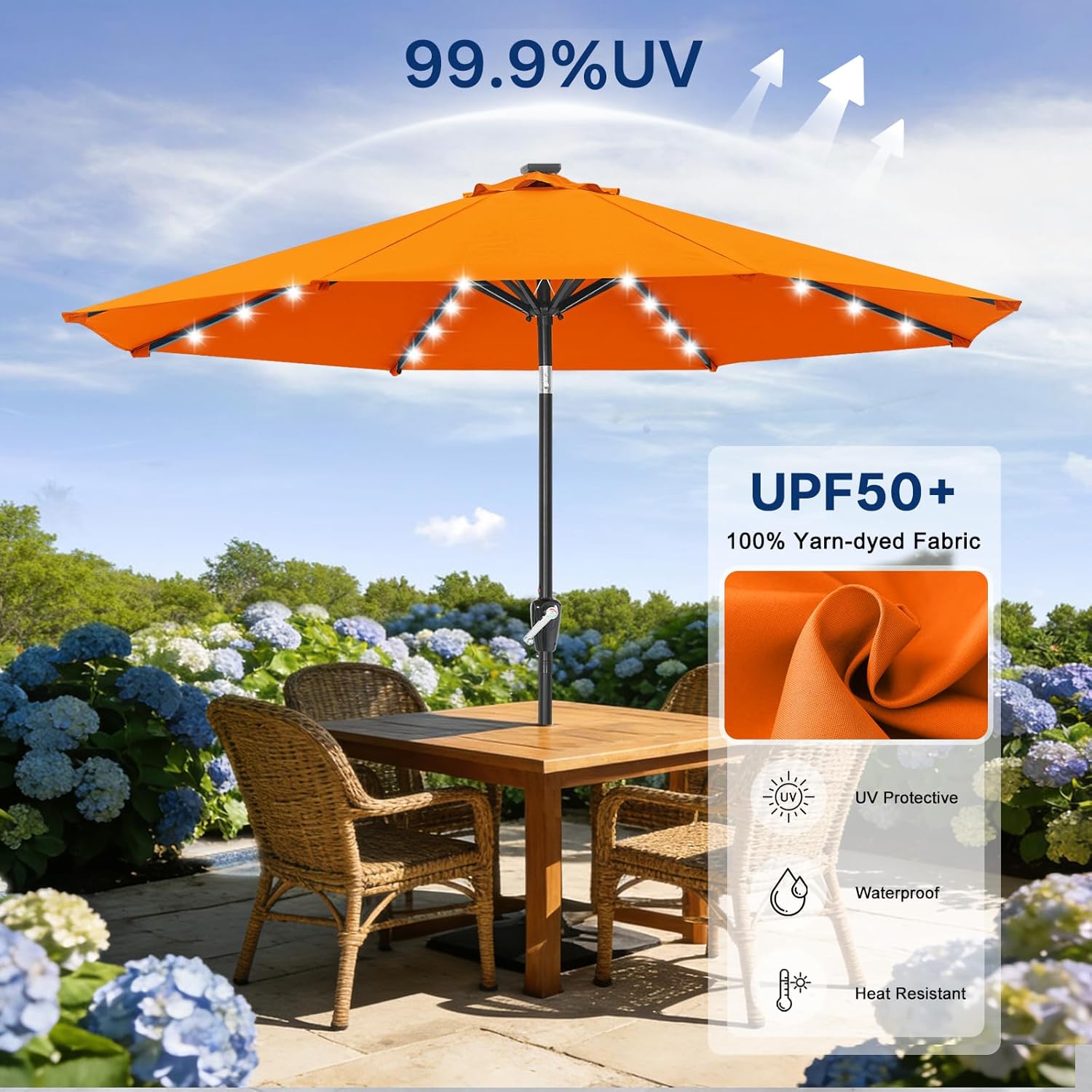 ABCCANOPY Durable Solar Led Patio Umbrellas with 32LED Lights 9FT (Orange)