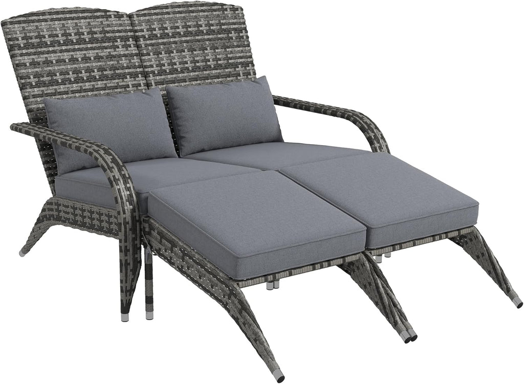 Outsunny Wicker Adirondack Chair for 2 with Cushions and Footrests, High-Back Fire Pit Porch Chair, PE Rattan Double Chaise Lounge Chair with Wide Armrests, Mixed Gray