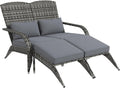 Outsunny Wicker Adirondack Chair for 2 with Cushions and Footrests, High-Back Fire Pit Porch Chair, PE Rattan Double Chaise Lounge Chair with Wide Armrests, Mixed Gray