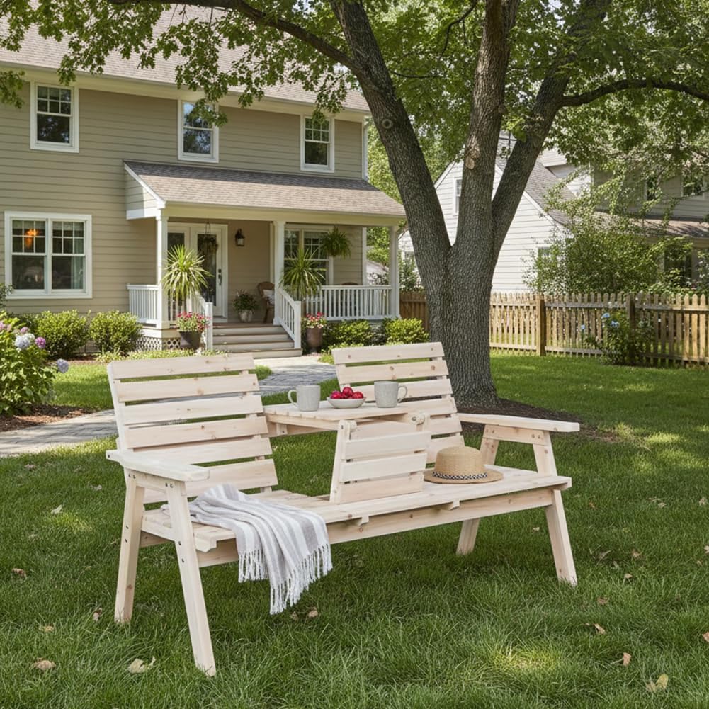 FORTUNO Cedar/Fir Log Wood Patio Garden Bench with Foldable Table, Outdoor Wooden Porch 3-Seat Bench Chair for Garden Balcony Patio Backyard, Natural Finish