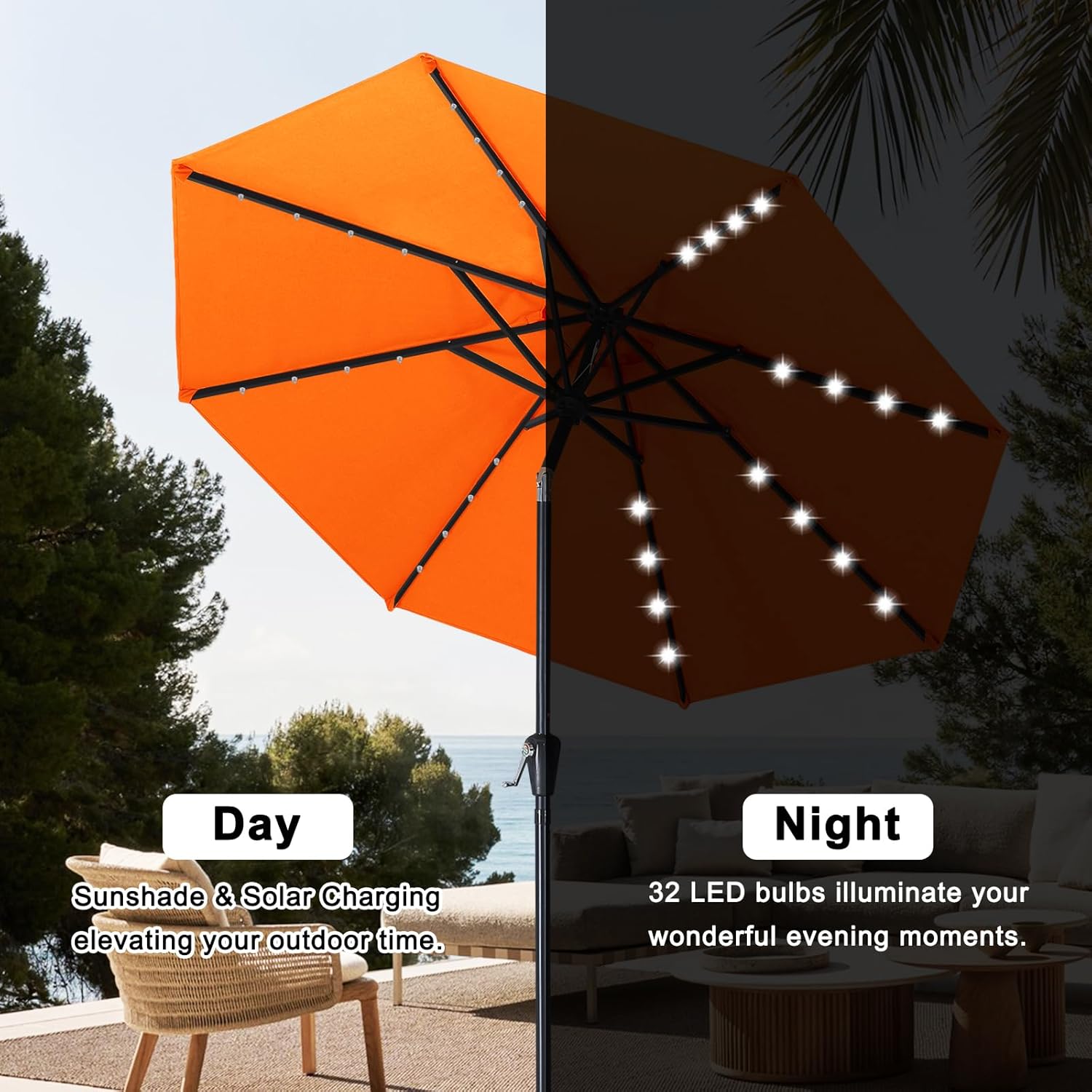 ABCCANOPY Durable Solar Led Patio Umbrellas with 32LED Lights 9FT (Orange)