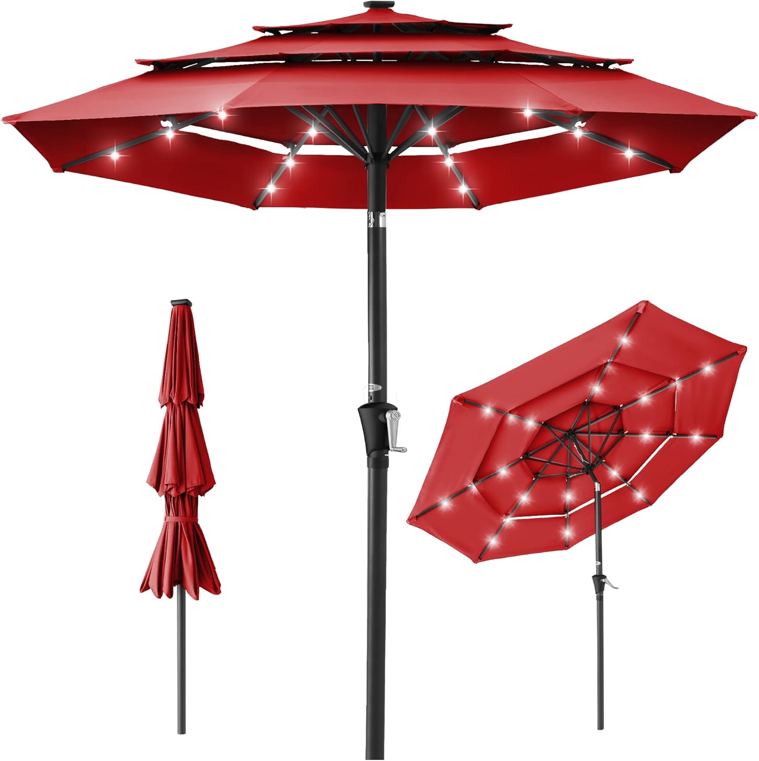 Best Choice Products 10ft 3-Tier Patio Umbrella, Outdoor Market Sun Shade for Backyard, Deck, Poolside w/ 24 LED Lights, Tilt Adjustment, Easy Crank, 8 Ribs