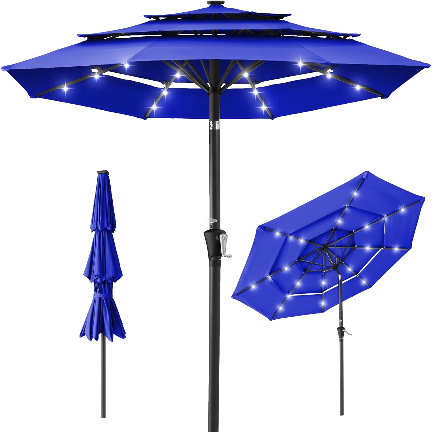 Best Choice Products 10ft 3-Tier Patio Umbrella, Outdoor Market Sun Shade for Backyard, Deck, Poolside w/ 24 LED Lights, Tilt Adjustment, Easy Crank, 8 Ribs