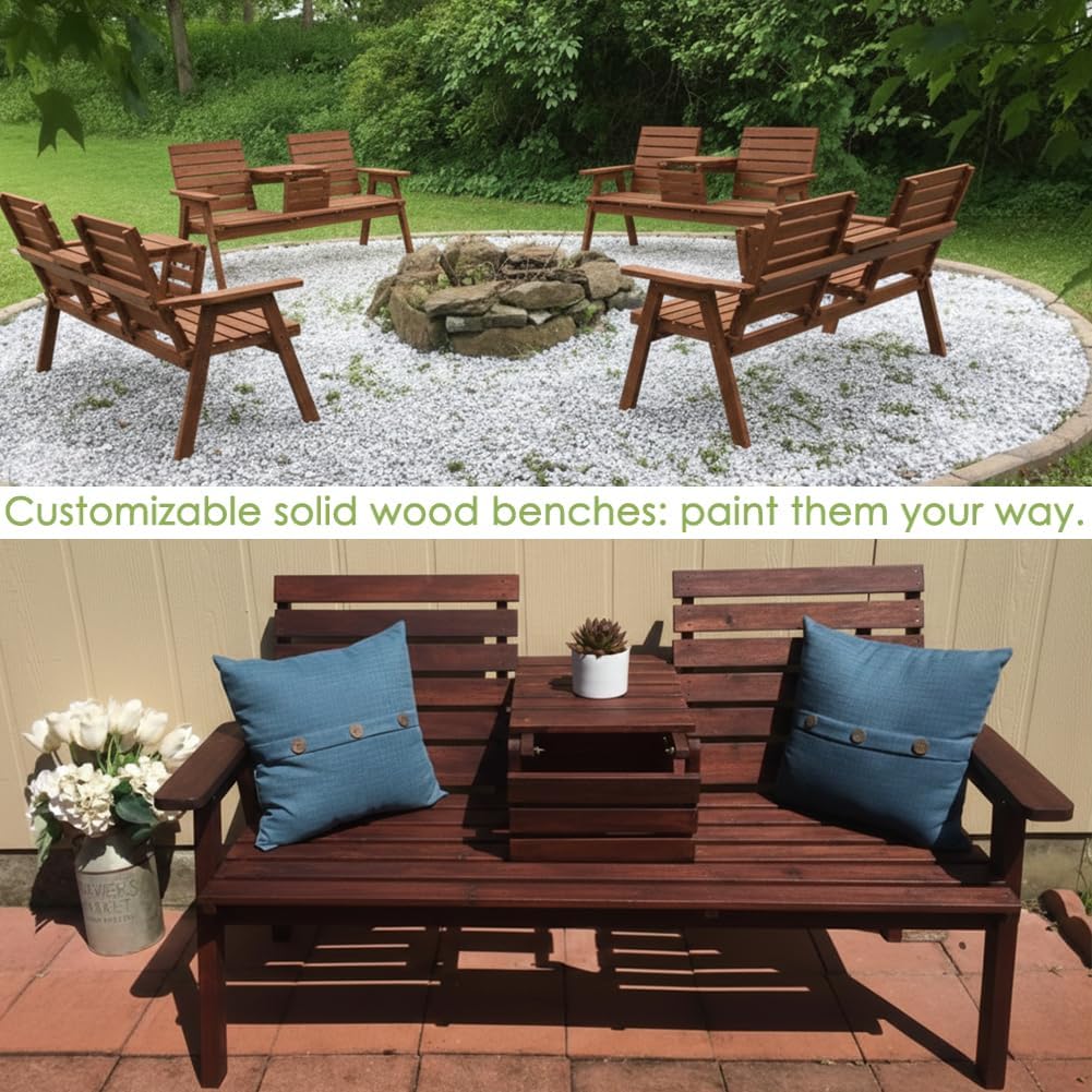 FORTUNO Cedar/Fir Log Wood Patio Garden Bench with Foldable Table, Outdoor Wooden Porch 3-Seat Bench Chair for Garden Balcony Patio Backyard, Natural Finish