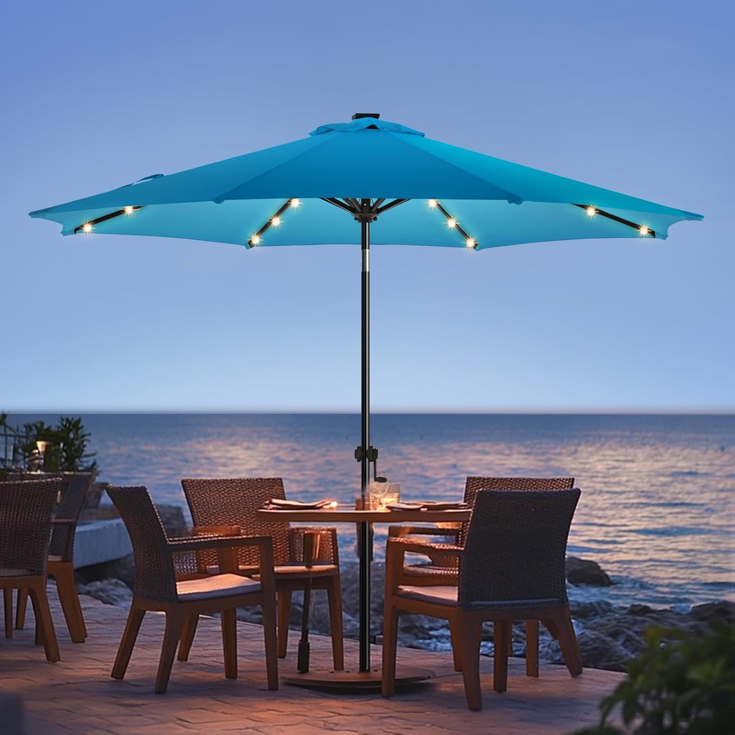 wikiwiki 7.5ft Solar Led Patio Umbrella, Sturdy Outdoor Market Umbrella for Deck, Pool, Garden w/Tilt, Crank, 18 LED Lights, Beige