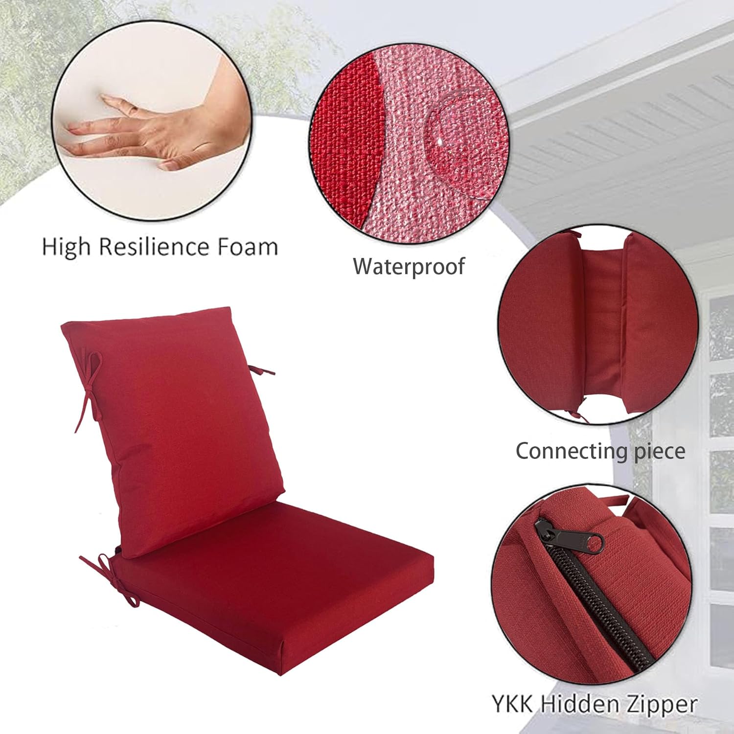 20"x20" Outdoor Universal Cushion Set of 1, Patio Cushions with Handles & Tiesi, Water-Proof Stain-Resistant UV Resistant Weather Resistant High Resilience Foam with YKK Zippers,Chili