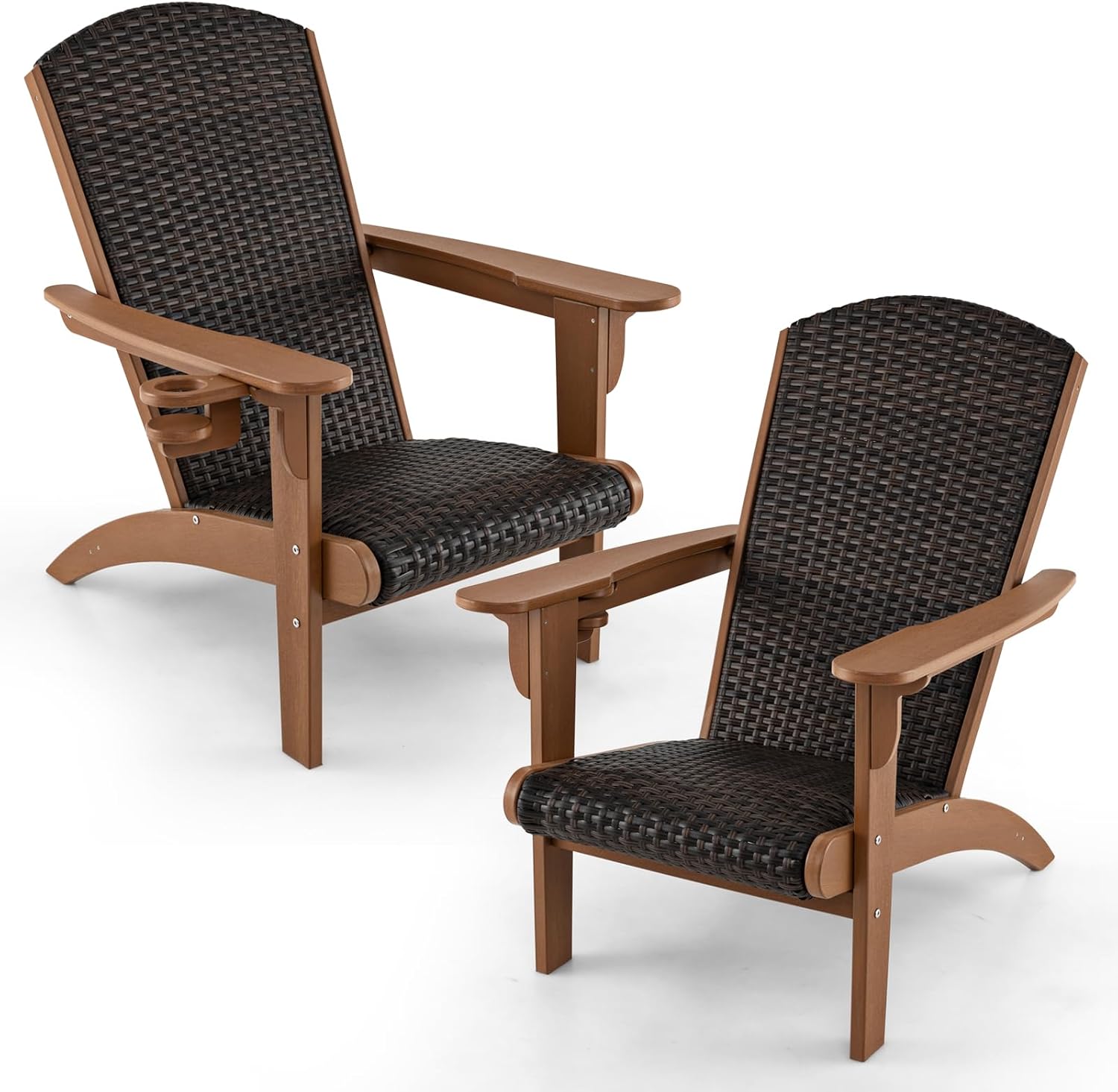 Tangkula Patio Wicker Adirondack Chair, HDPE Lounge Chair w/Rattan Padded Seat & Back, Wide Armrests & Hidden Cupholder, Outdoor All-Weather Adirondack Fire Pit Chair for Backyard, Lawn (1, White)