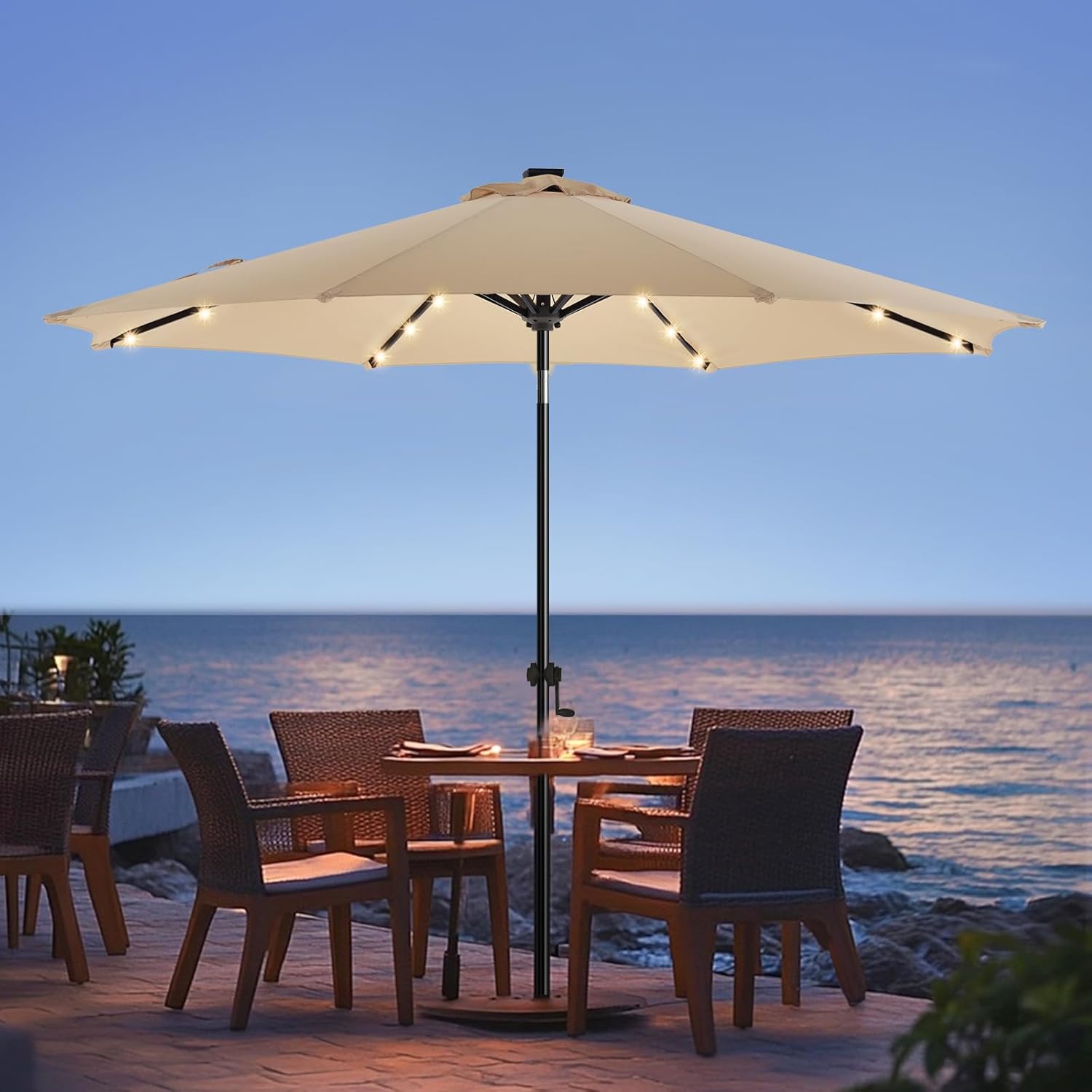 wikiwiki 7.5ft Solar Led Patio Umbrella, Sturdy Outdoor Market Umbrella for Deck, Pool, Garden w/Tilt, Crank, 18 LED Lights, Beige