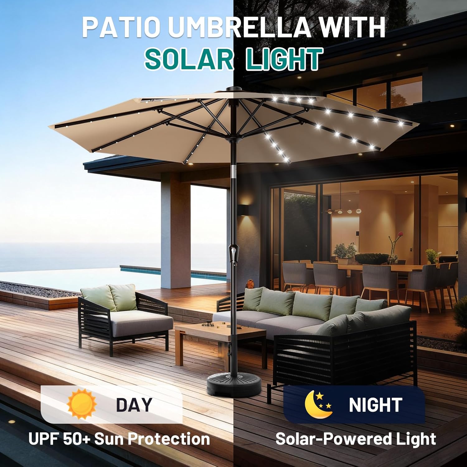 AreShark 9FT Patio Umbrella with Solar Lights, 32 Lighted Pool Umbrella w/Tilt and Crank, Outdoor Market Solar Umbrellas for Garden, Deck, Backyard, Pool and Beach, Beige