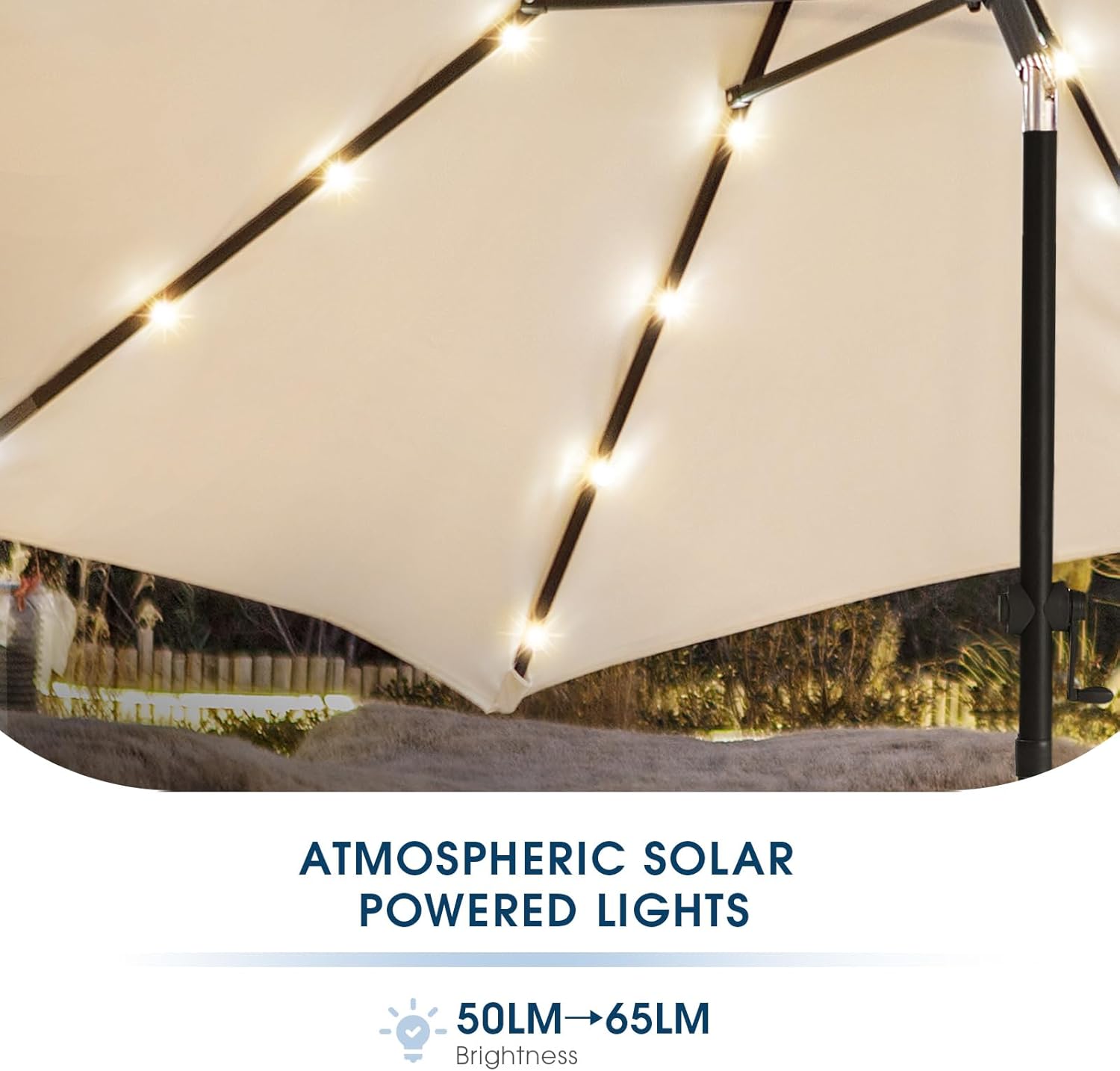 wikiwiki 7.5ft Solar Led Patio Umbrella, Sturdy Outdoor Market Umbrella for Deck, Pool, Garden w/Tilt, Crank, 18 LED Lights, Beige