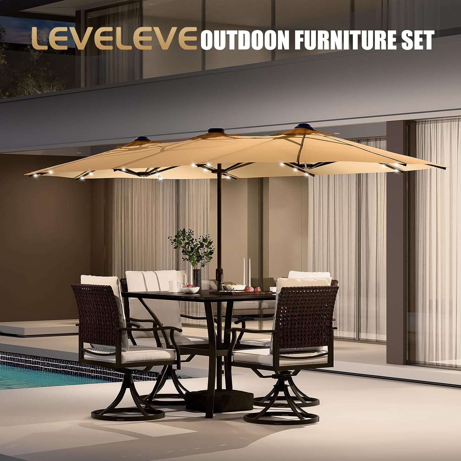 LEVELEVE 14FT Large Patio Patio Umbrella with Base & Solar LED Lights - Double-Sided,Kahaki