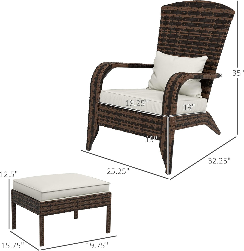 Outsunny Patio Wicker Adirondack Chair with Ottoman, Outdoor Fire Pit Chair with Cushions, High-Back, Large Seat & Armrests for Deck, Garden & Backyard, Cream White