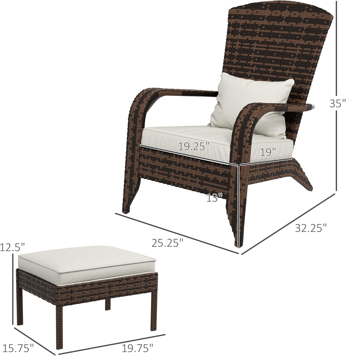 Outsunny Patio Wicker Adirondack Chair with Ottoman, Outdoor Fire Pit Chair with Cushions, High-Back, Large Seat & Armrests for Deck, Garden & Backyard, Cream White