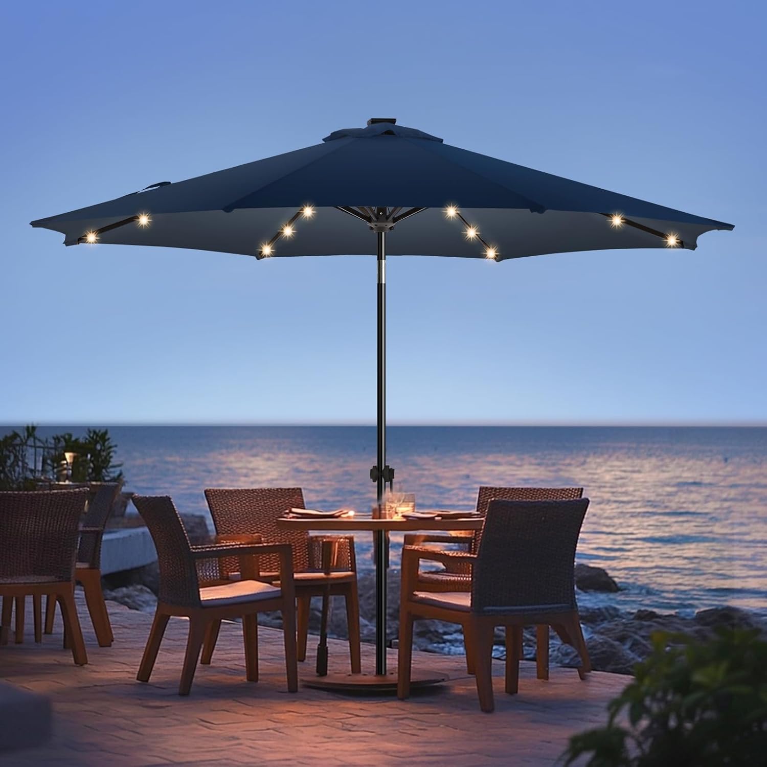 wikiwiki 7.5ft Solar Led Patio Umbrella, Sturdy Outdoor Market Umbrella for Deck, Pool, Garden w/Tilt, Crank, 18 LED Lights, Beige