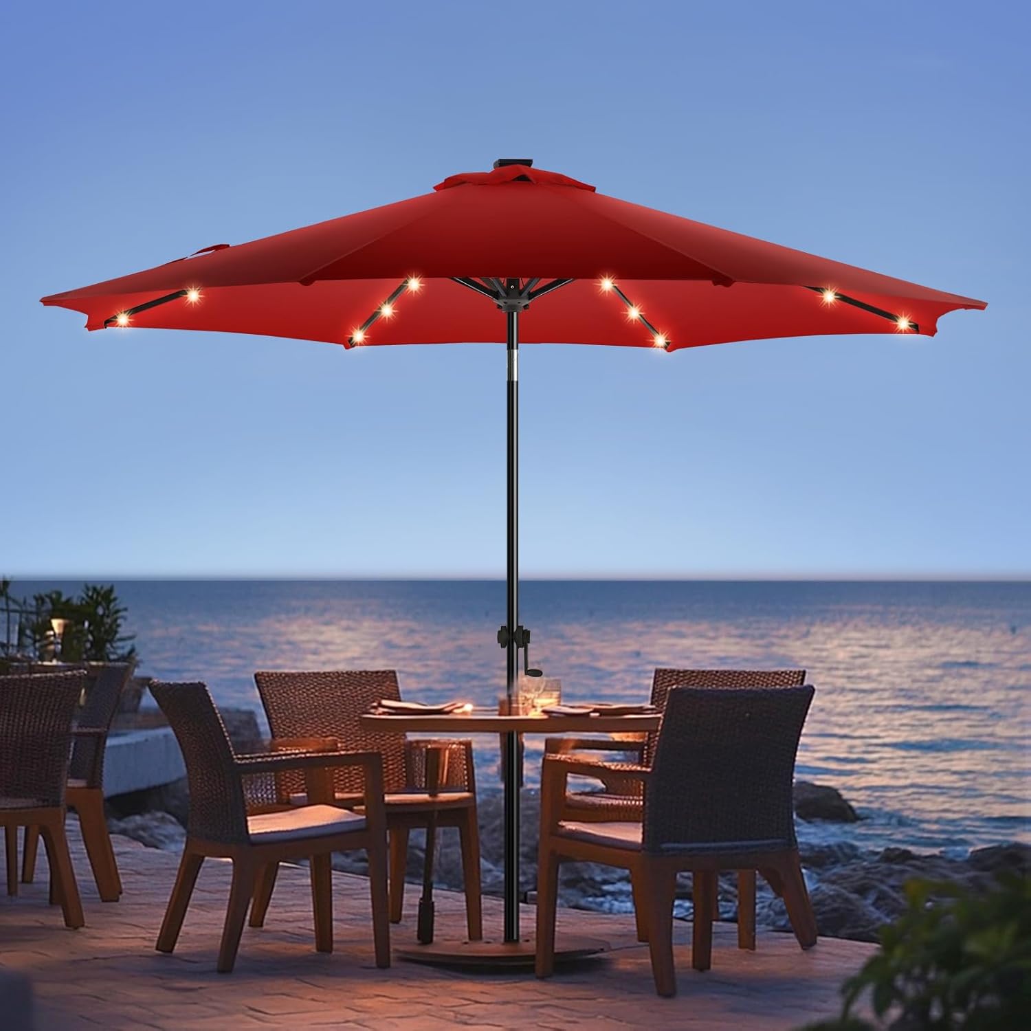 wikiwiki 7.5ft Solar Led Patio Umbrella, Sturdy Outdoor Market Umbrella for Deck, Pool, Garden w/Tilt, Crank, 18 LED Lights, Beige