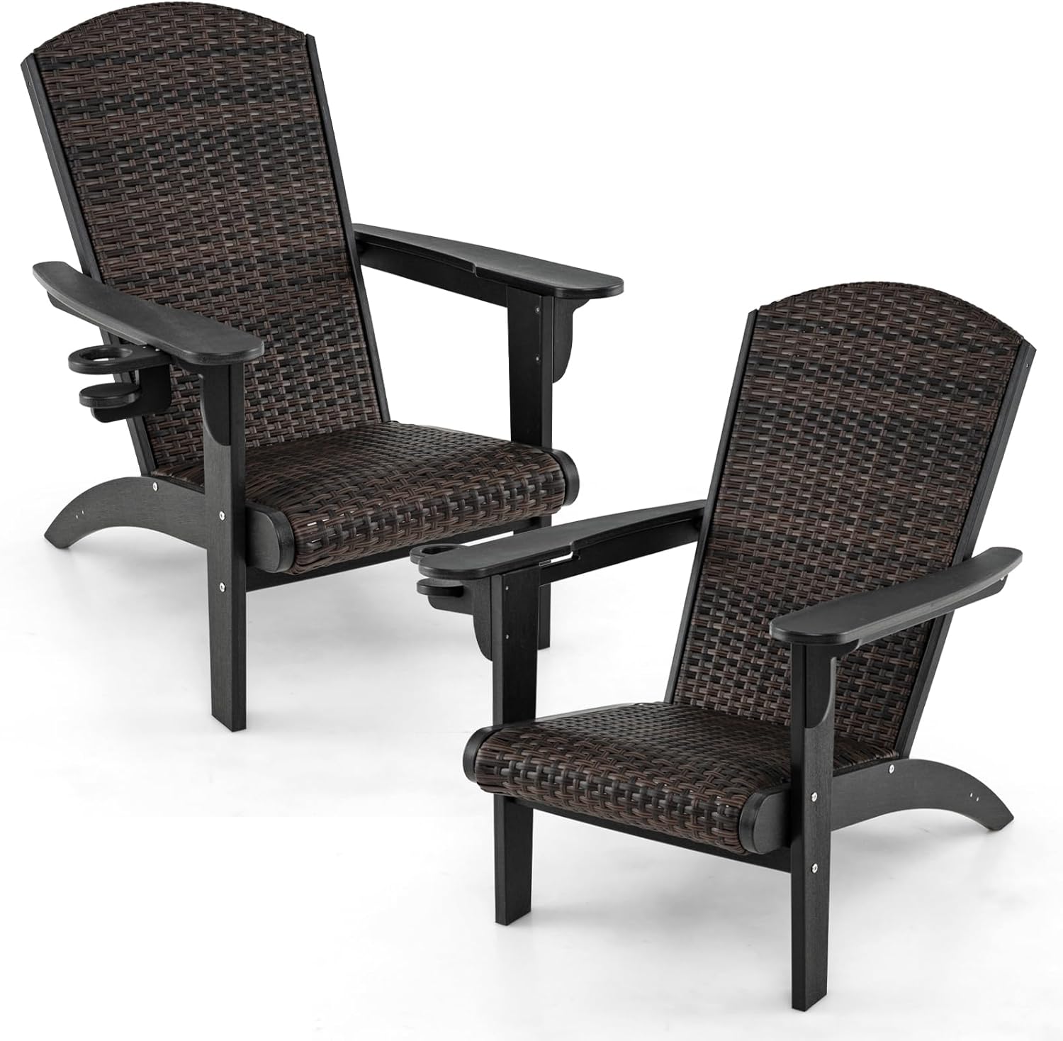 Tangkula Patio Wicker Adirondack Chair, HDPE Lounge Chair w/Rattan Padded Seat & Back, Wide Armrests & Hidden Cupholder, Outdoor All-Weather Adirondack Fire Pit Chair for Backyard, Lawn (1, White)