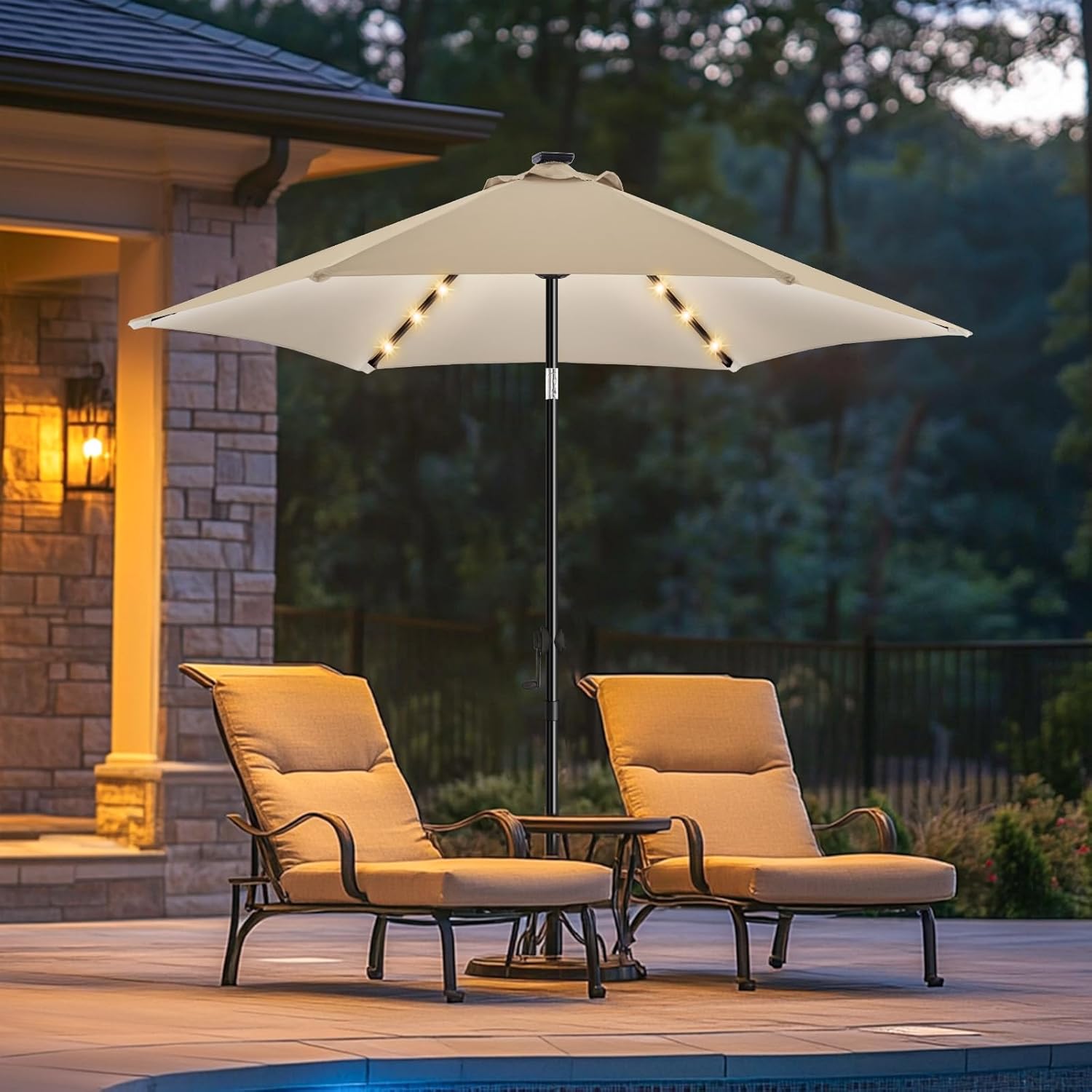 wikiwiki 7.5ft Solar Led Patio Umbrella, Sturdy Outdoor Market Umbrella for Deck, Pool, Garden w/Tilt, Crank, 18 LED Lights, Beige