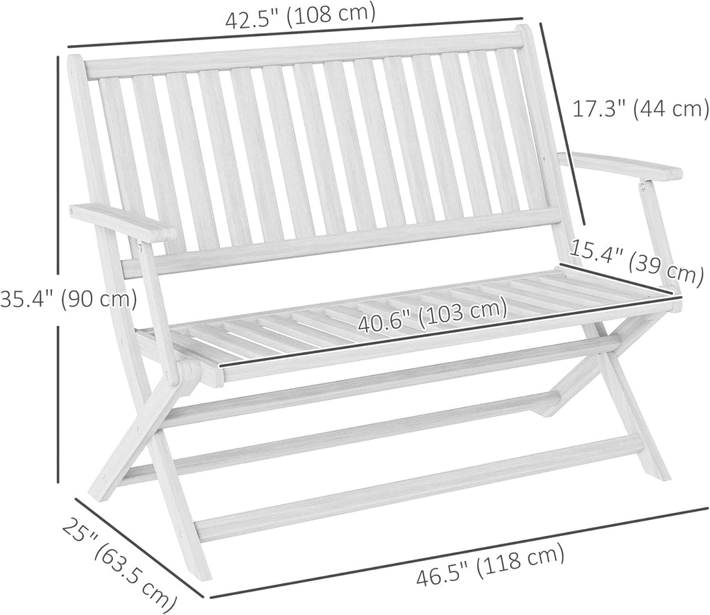 Outsunny Wood Outdoor Bench, 2-Person Foldable Patio Acacia Wood Garden Bench with Backrest and Armrests for Garden, Porch, Park, Balcony, White