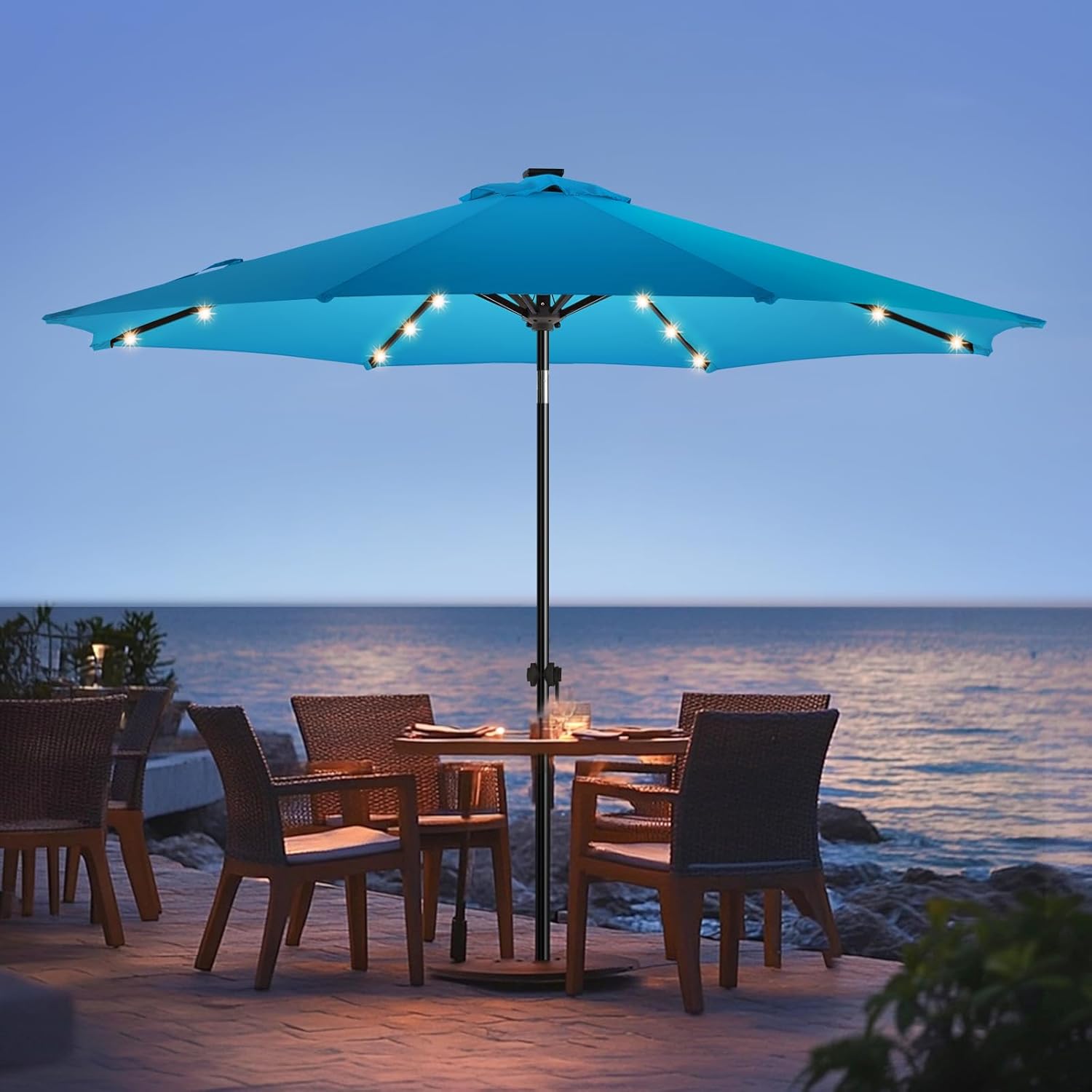 wikiwiki 7.5ft Solar Led Patio Umbrella, Sturdy Outdoor Market Umbrella for Deck, Pool, Garden w/Tilt, Crank, 18 LED Lights, Beige