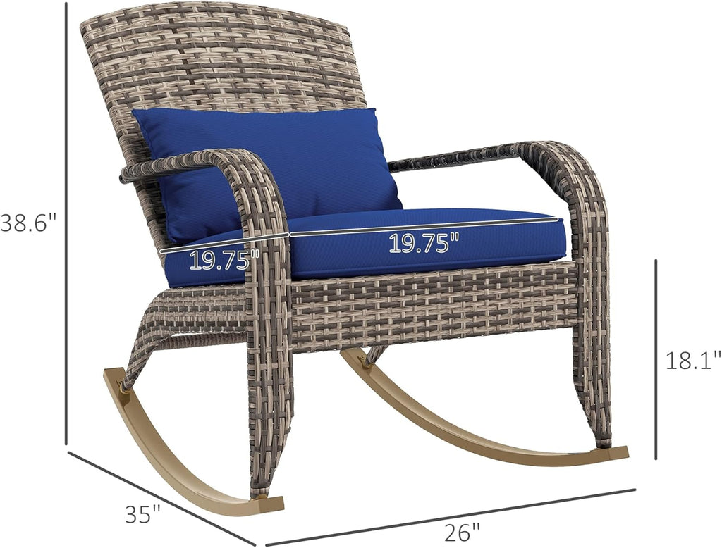 Outsunny Outdoor Wicker Adirondack Rocking Chair, Patio Rattan Rocker Chair with High Back, Seat Cushion, and Pillow for Garden, Porch, Balcony, Dark Blue