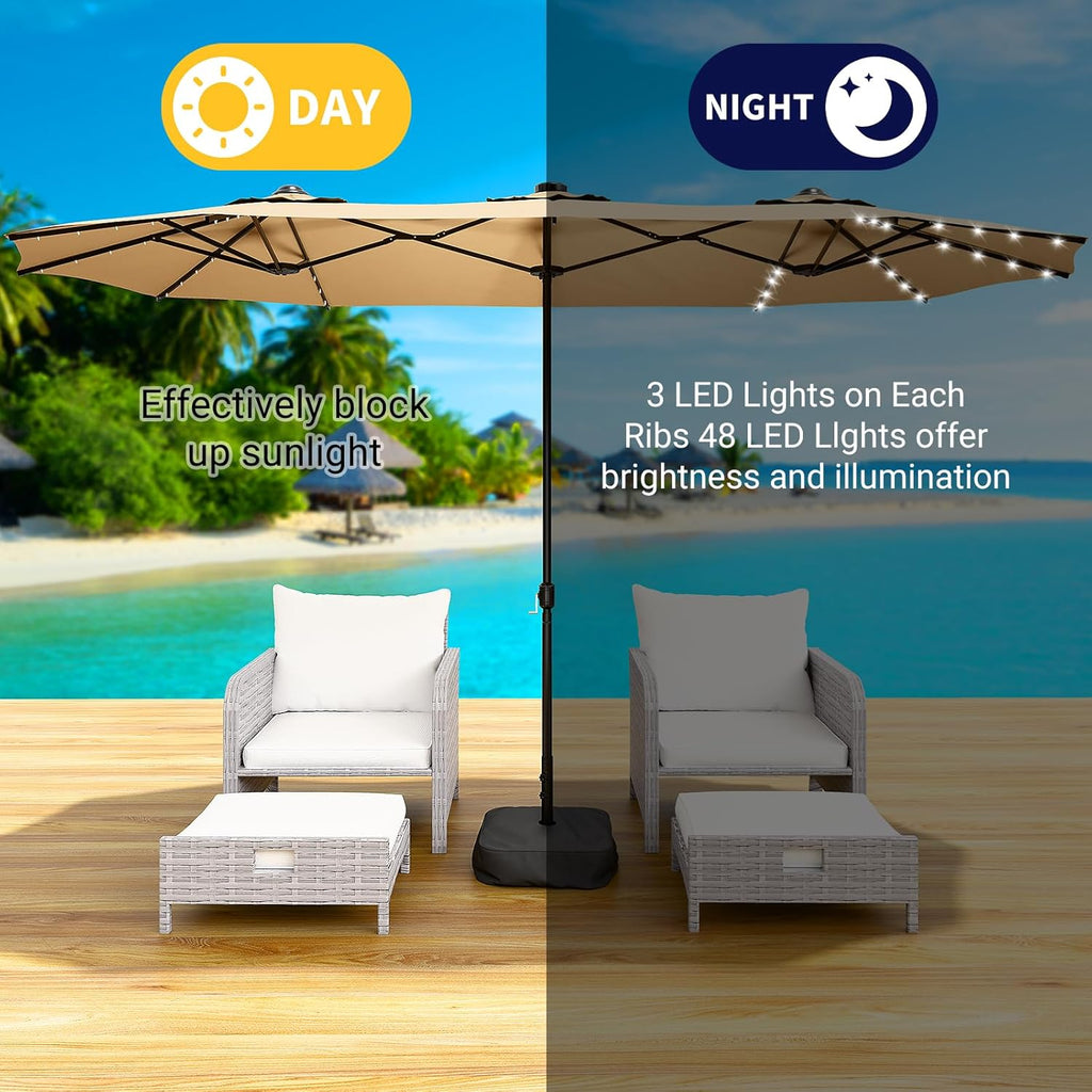 LEVELEVE 14FT Large Patio Patio Umbrella with Base & Solar LED Lights - Double-Sided,Kahaki