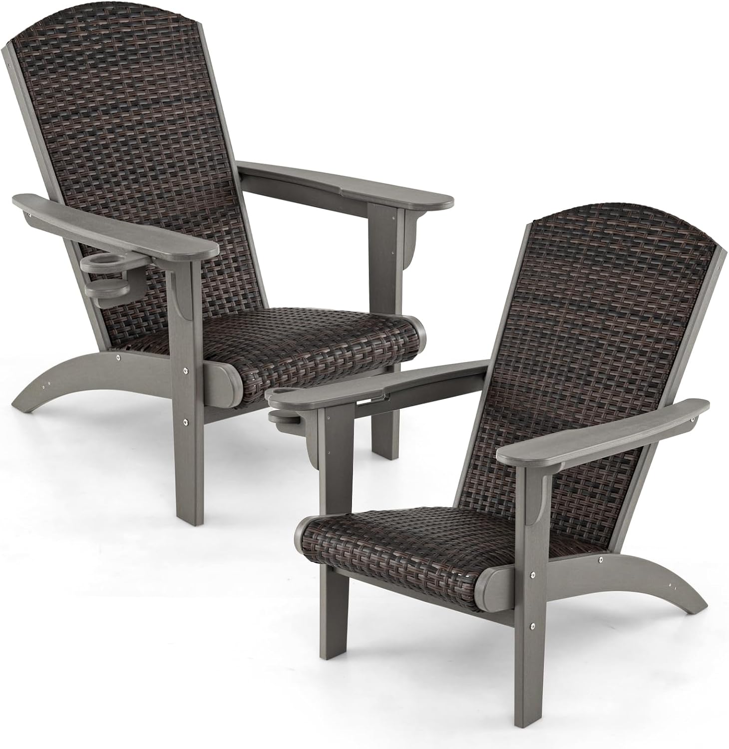 Tangkula Patio Wicker Adirondack Chair, HDPE Lounge Chair w/Rattan Padded Seat & Back, Wide Armrests & Hidden Cupholder, Outdoor All-Weather Adirondack Fire Pit Chair for Backyard, Lawn (1, White)