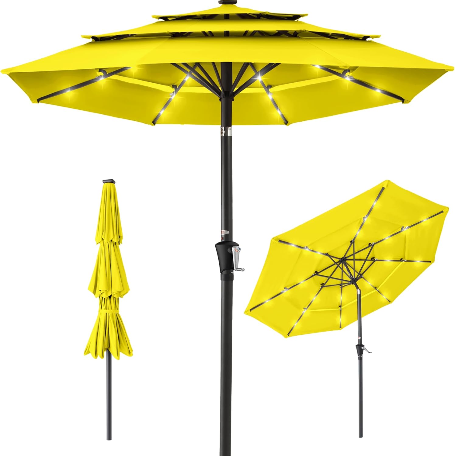 Best Choice Products 10ft 3-Tier Patio Umbrella, Outdoor Market Sun Shade for Backyard, Deck, Poolside w/ 24 LED Lights, Tilt Adjustment, Easy Crank, 8 Ribs