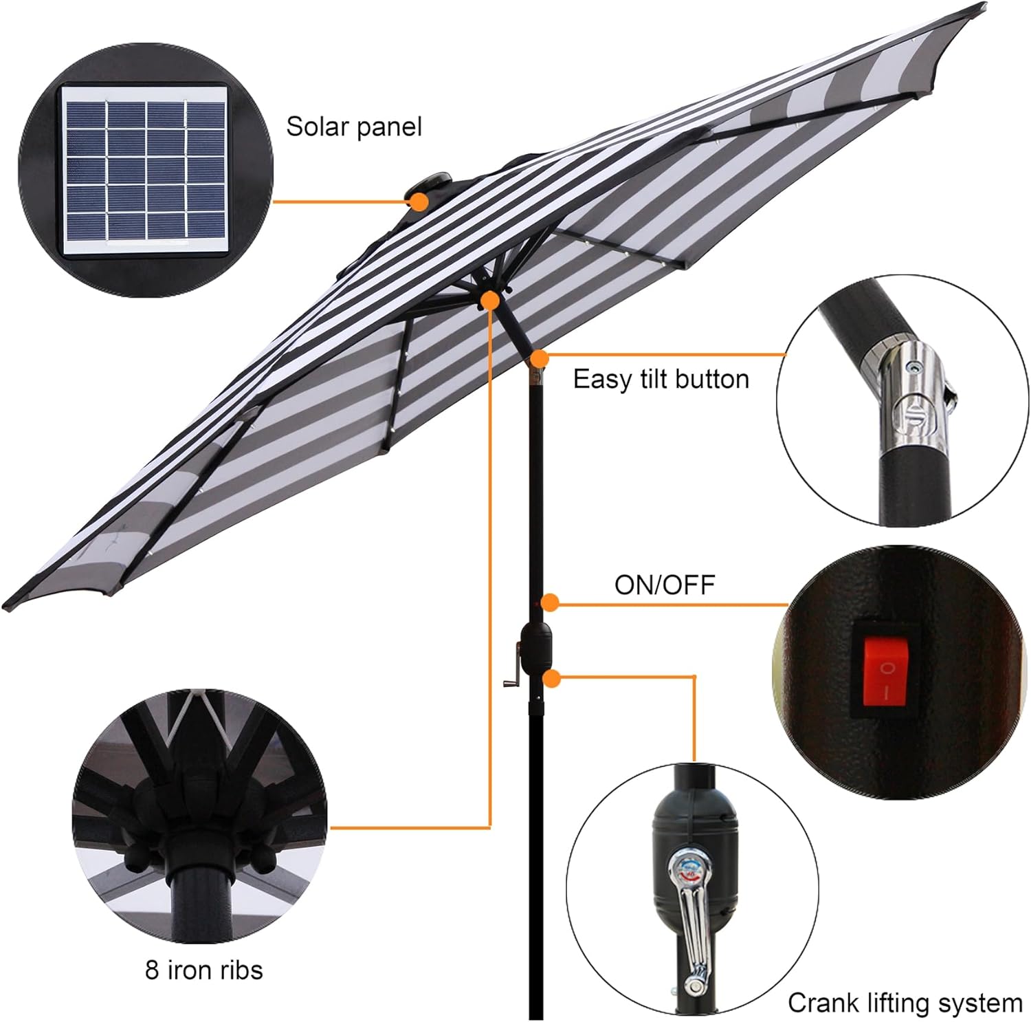 Blissun 9 ft Solar Umbrella 32 LED Lighted Patio Umbrella Table Market Umbrella with Tilt and Crank Outdoor Umbrella for Garden, Deck, Backyard, Pool and Beach (Black and White)