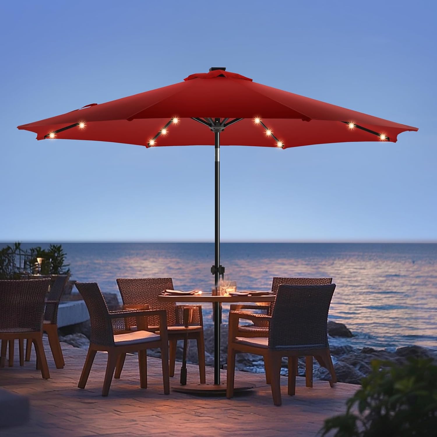 wikiwiki 7.5ft Solar Led Patio Umbrella, Sturdy Outdoor Market Umbrella for Deck, Pool, Garden w/Tilt, Crank, 18 LED Lights, Beige