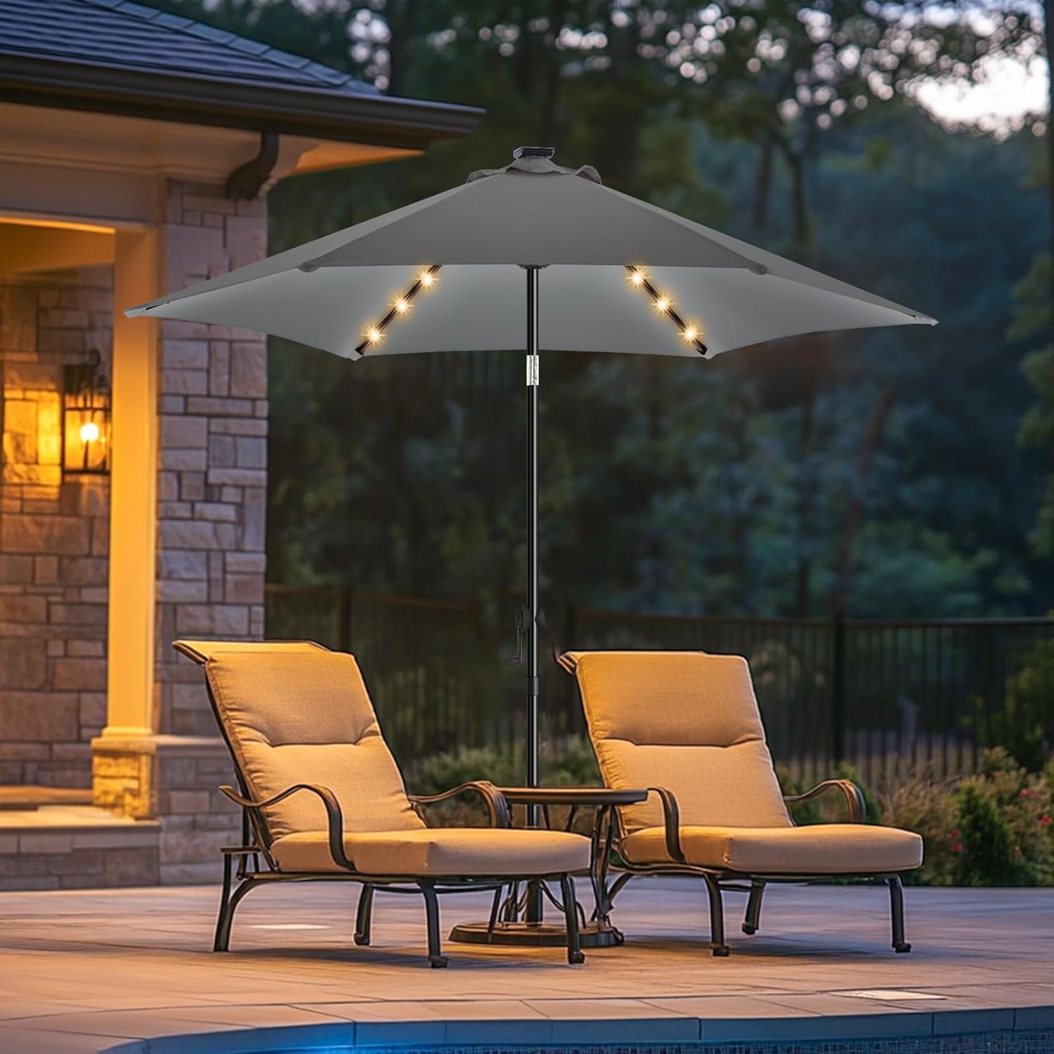 wikiwiki 7.5ft Solar Led Patio Umbrella, Sturdy Outdoor Market Umbrella for Deck, Pool, Garden w/Tilt, Crank, 18 LED Lights, Beige