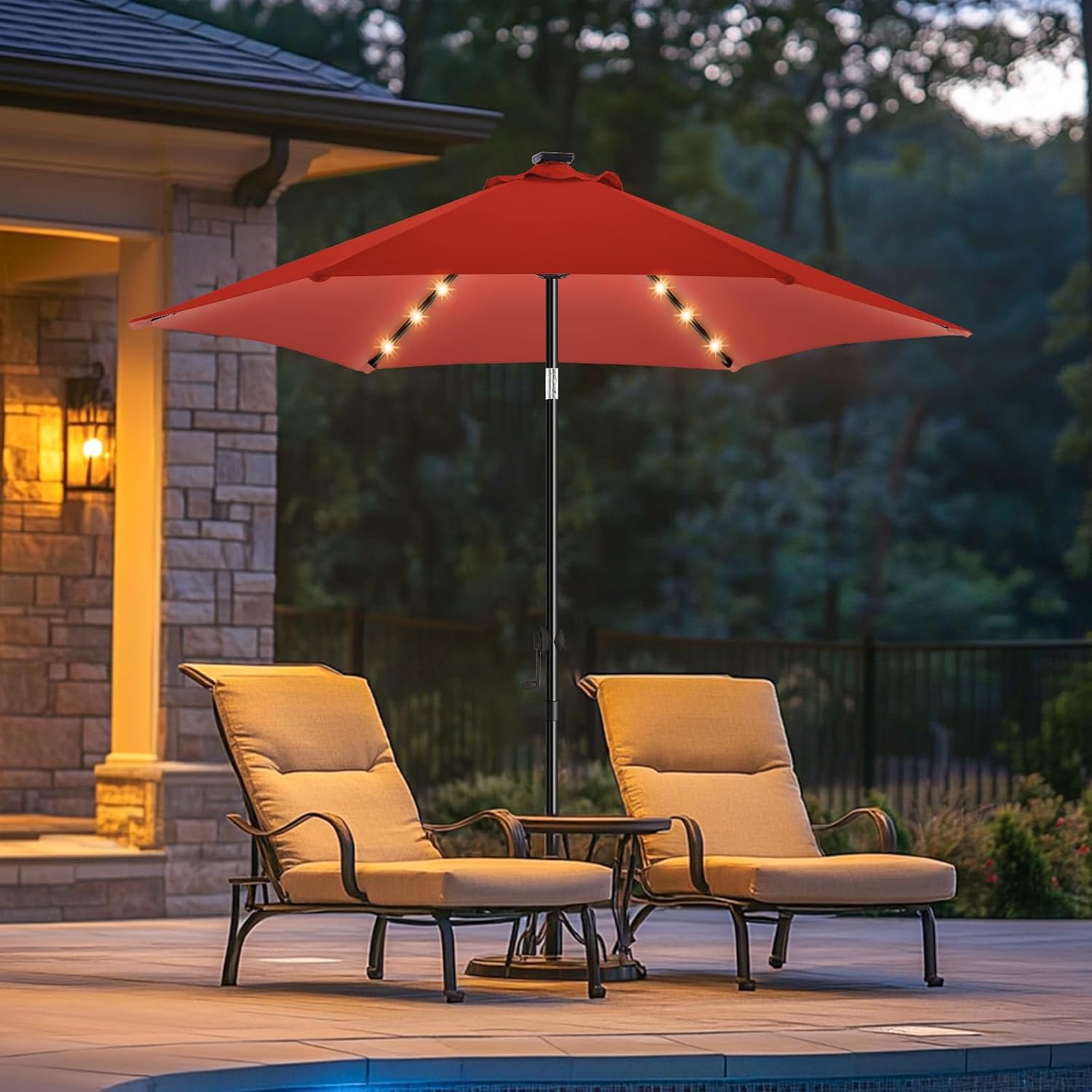 wikiwiki 7.5ft Solar Led Patio Umbrella, Sturdy Outdoor Market Umbrella for Deck, Pool, Garden w/Tilt, Crank, 18 LED Lights, Beige