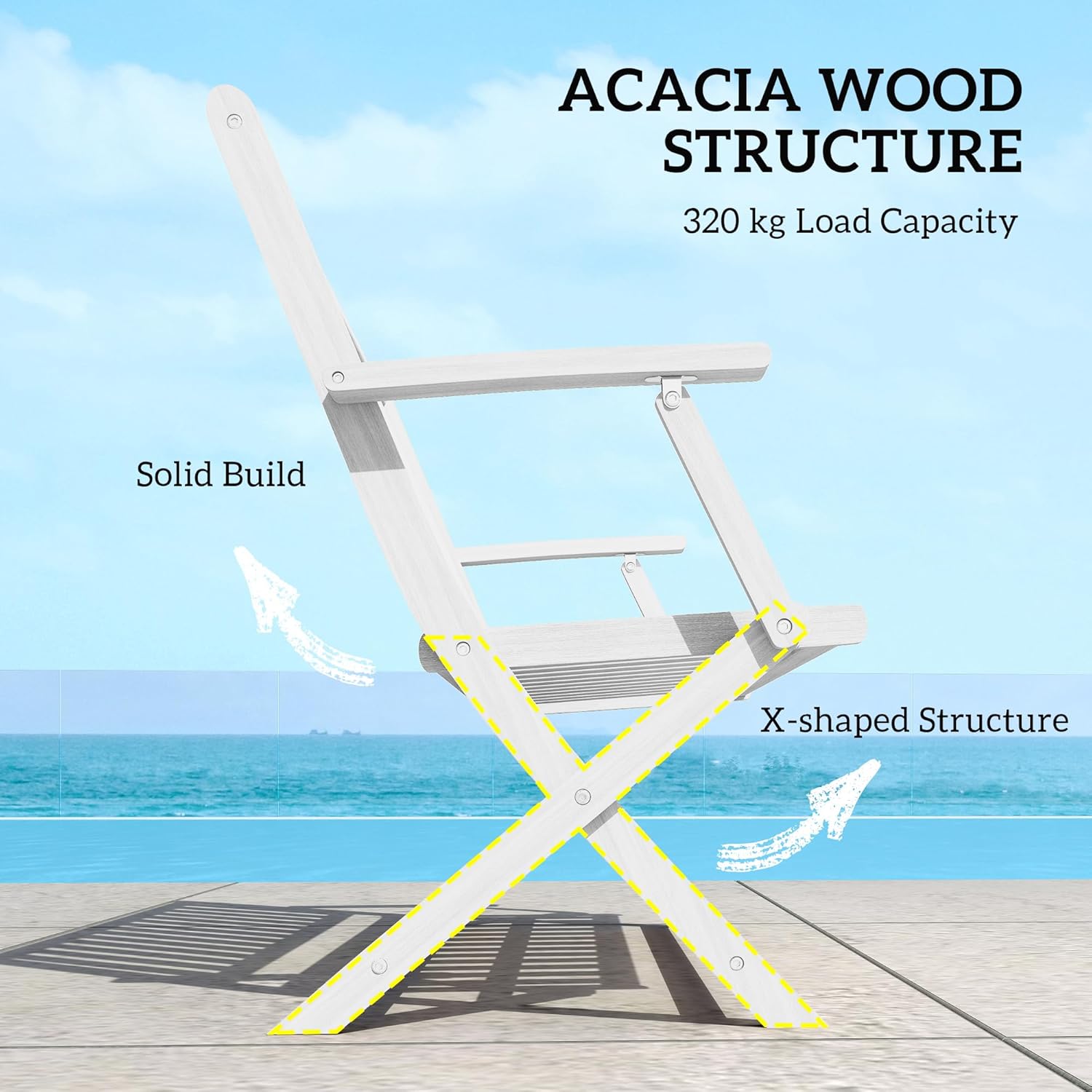 Outsunny Wood Outdoor Bench, 2-Person Foldable Patio Acacia Wood Garden Bench with Backrest and Armrests for Garden, Porch, Park, Balcony, White