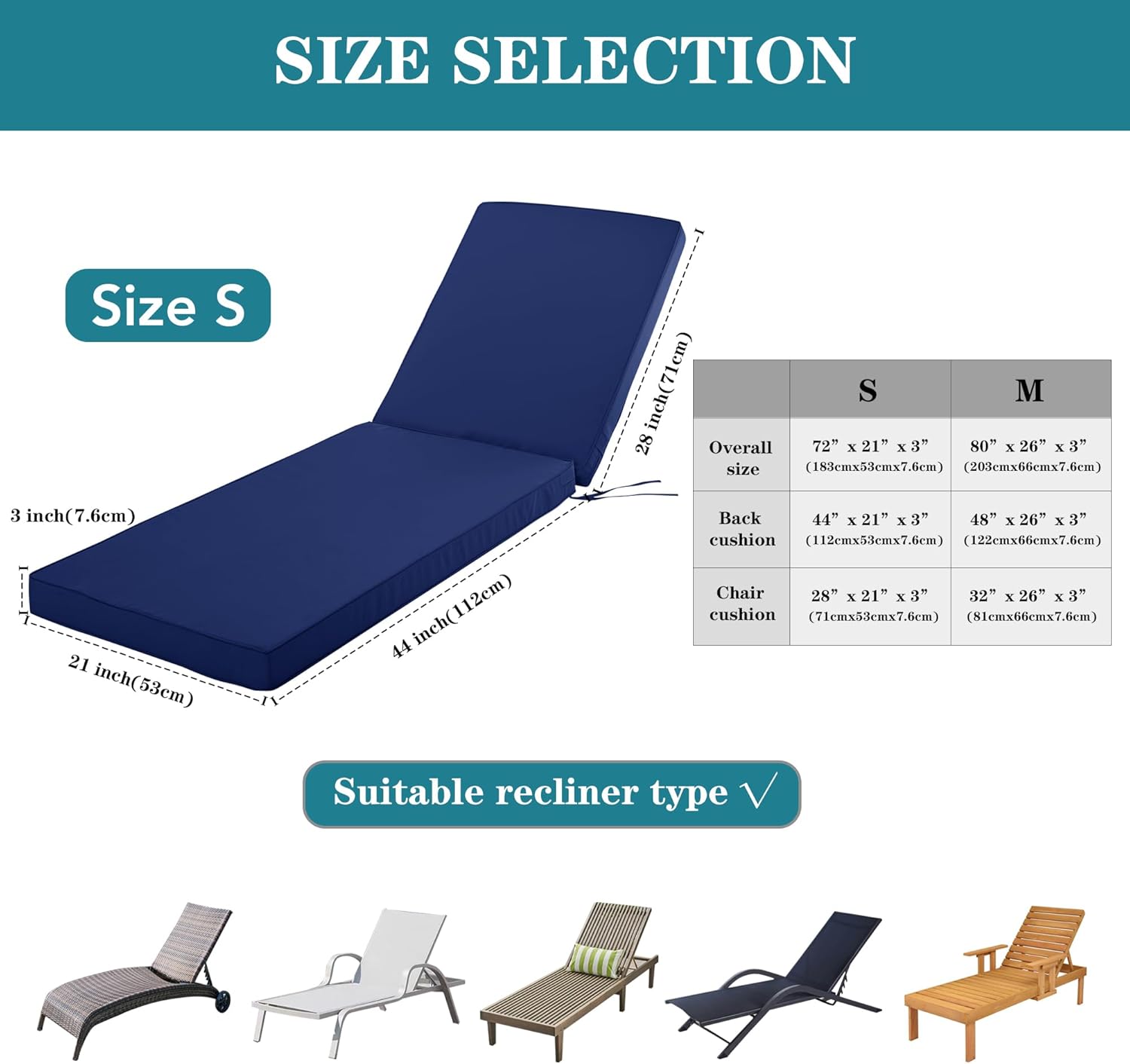 Chaise Lounge Cushion for Outdoor Furniture, Waterproof Fade and Tear Resistant Lounge Deck Chair Cushions for Patio Lawn Pool Resort Hotel, 72x21x3 Inch, Navy
