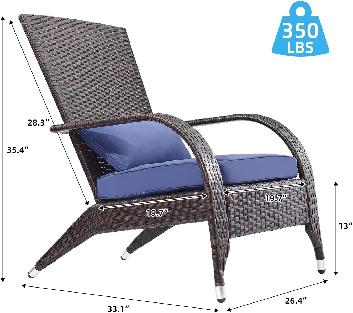 Outdoor Wicker Adirondack Chairs Set 2 Rattan Fire Pit Chairs Oversized Comfy Relax Accent Patio Chairs with Soft Cushion Low Deep Seating Tall Curved Backrest for Outside Backyard Deck Porch Navy