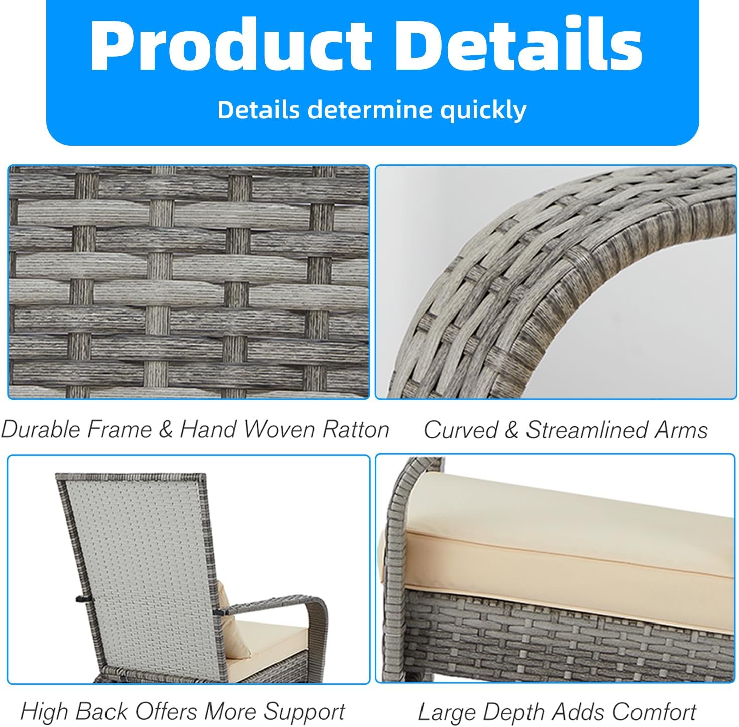 AECOJOY Outdoor Dining Chairs, Outdoor Patio Adirondack Rattan Chair with Cushion and Pillow for Garden,Backyard,Porch, Grey