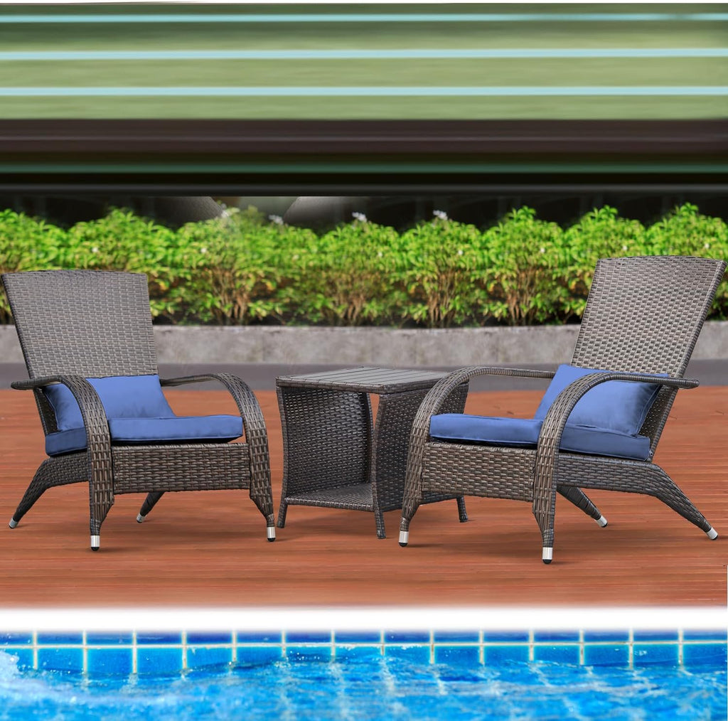 Outdoor Wicker Adirondack Chairs Set 2 Rattan Fire Pit Chairs Oversized Comfy Relax Accent Patio Chairs with Soft Cushion Low Deep Seating Tall Curved Backrest for Outside Backyard Deck Porch Navy