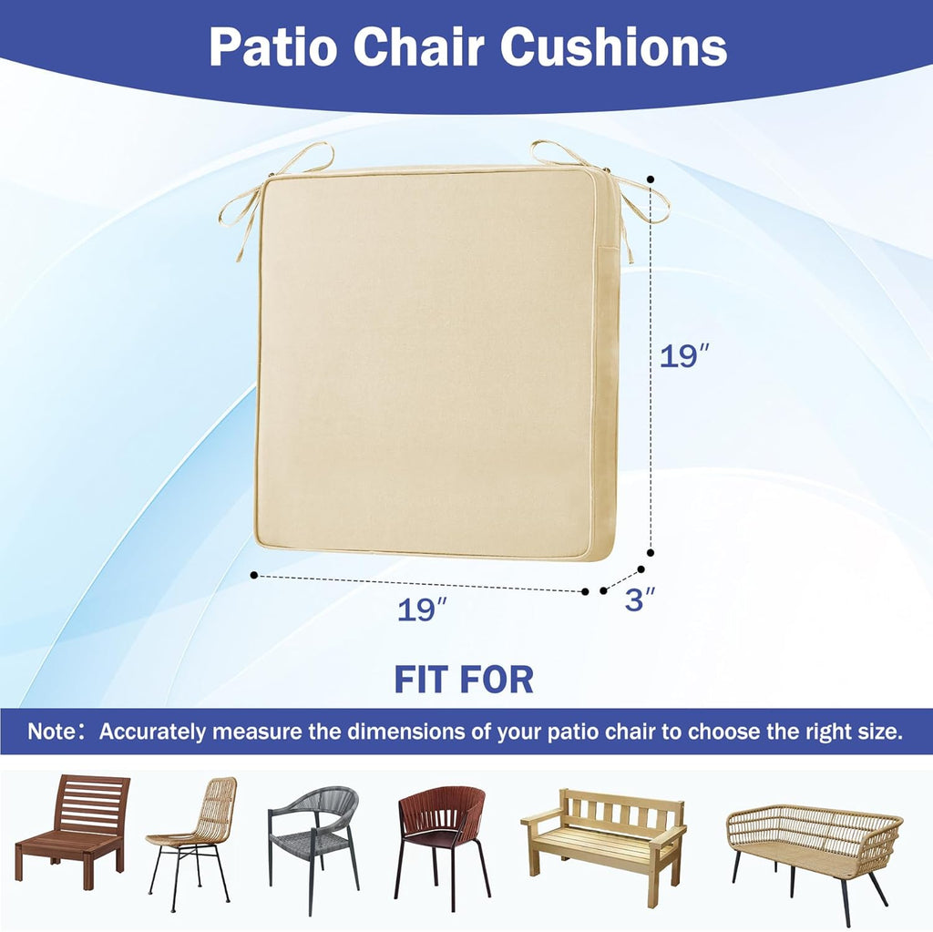 Patio Chair Cushions, 19" x 19" x 3" Outdoor Chair Cushions Set of 4, Waterproof Outdoor Cushions for Patio Furniture, Outdoors Seat Cushions Set of 4 with Handle and Ties, Light Khaki
