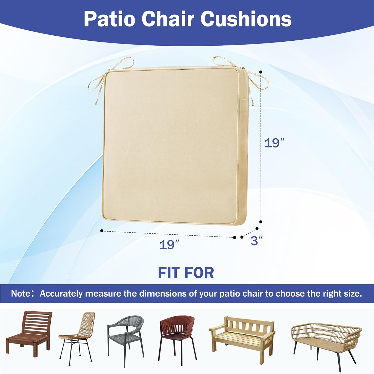 Patio Chair Cushions, 19" x 19" x 3" Outdoor Chair Cushions Set of 4, Waterproof Outdoor Cushions for Patio Furniture, Outdoors Seat Cushions Set of 4 with Handle and Ties, Light Khaki