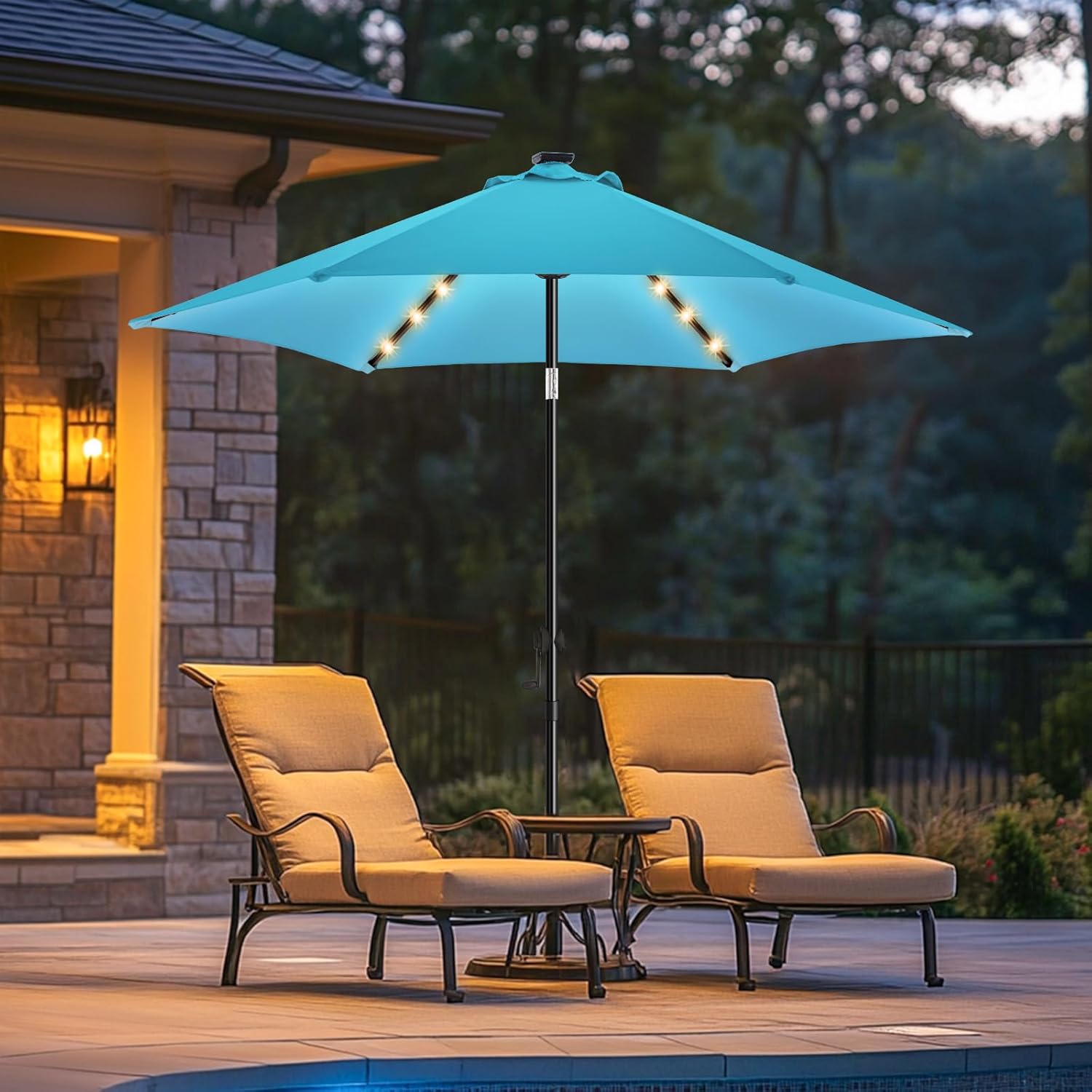 wikiwiki 7.5ft Solar Led Patio Umbrella, Sturdy Outdoor Market Umbrella for Deck, Pool, Garden w/Tilt, Crank, 18 LED Lights, Beige