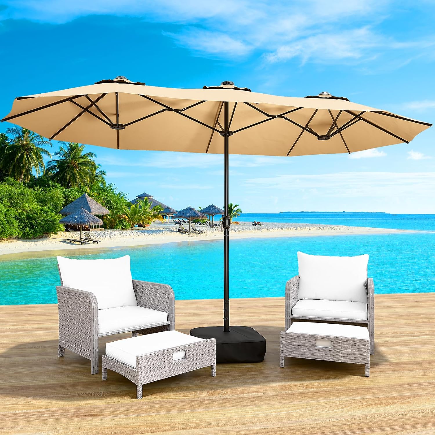 LEVELEVE 14FT Large Patio Patio Umbrella with Base & Solar LED Lights - Double-Sided,Kahaki