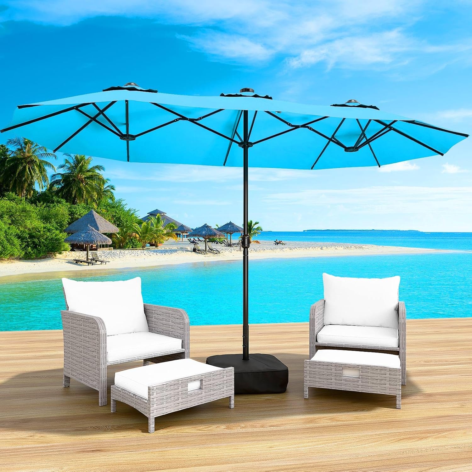 LEVELEVE 14FT Large Patio Patio Umbrella with Base & Solar LED Lights - Double-Sided,Kahaki