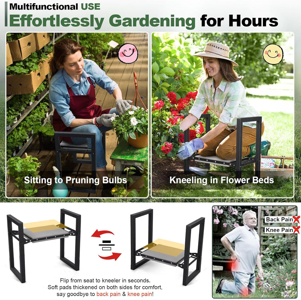 Garden Kneeler and Seat Heavy Duty - Anti-Tip Super Stable Multifunctional Gardening Stool Bench,Wide 12.7" Pads,Foldable Ergonomic Handles for Seniors Women Men Pain-Free Weeding,Planting Yard Work