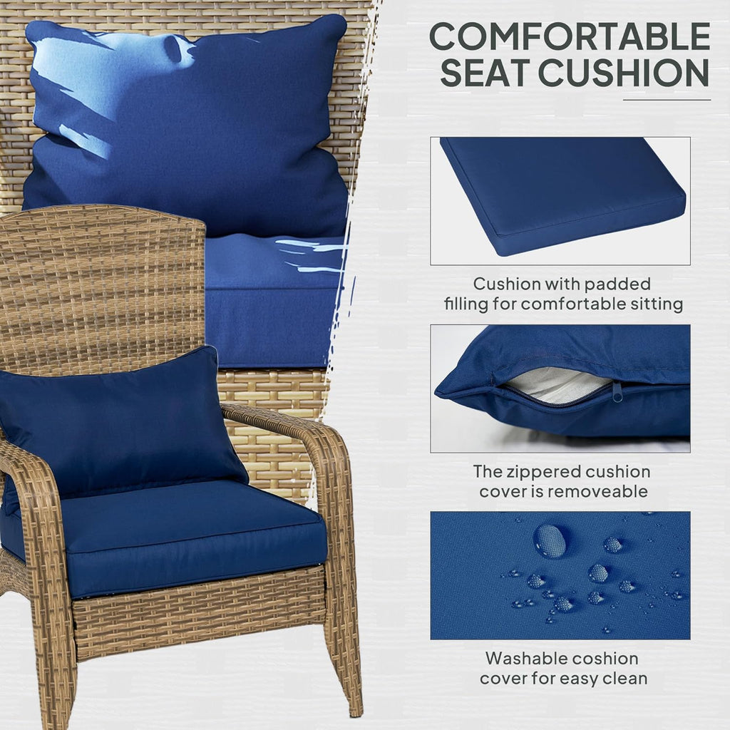 Outsunny Patio Wicker Adirondack Chair, Outdoor All-Weather Rattan Fire Pit Chair with Soft Cushions, Tall Curved Backrest and Comfortable Armrests for Deck or Garden, Dark Blue