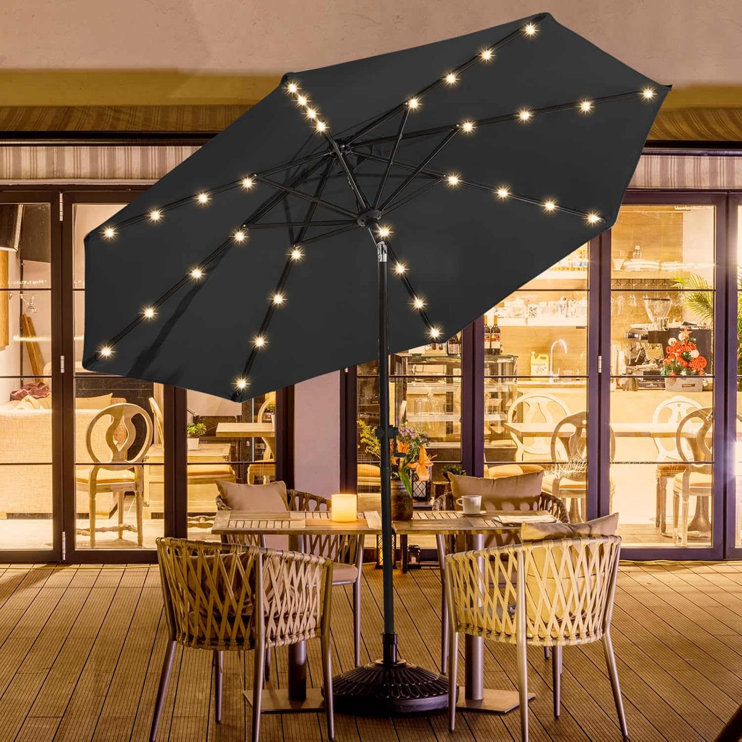 wikiwiki 7.5ft Solar Led Patio Umbrella, Sturdy Outdoor Market Umbrella for Deck, Pool, Garden w/Tilt, Crank, 18 LED Lights, Beige