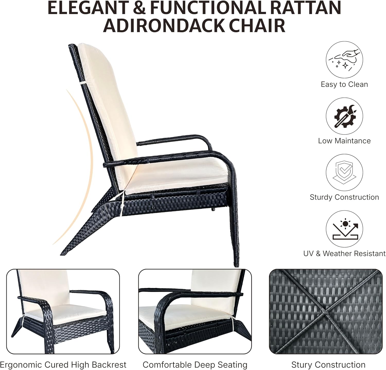 Outdoor Wicker Adirondack Chair, Oversized Rattan Lounge Armchair with Cushion, Low Deep Seating High Back Patio Chair for Porch, Deck, Balcony, Lawn, Backyard (Black)