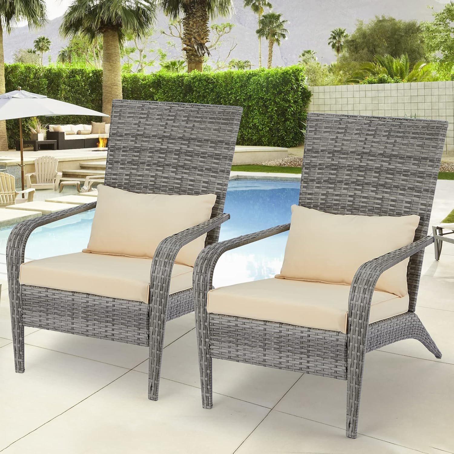 AECOJOY Outdoor Dining Chairs, Outdoor Patio Adirondack Rattan Chair with Cushion and Pillow for Garden,Backyard,Porch, Grey